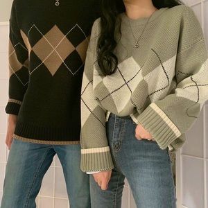 Geometric Pattern Argyle Pullovers Spring Autumn Loose O-Neck Knitted Sweaters